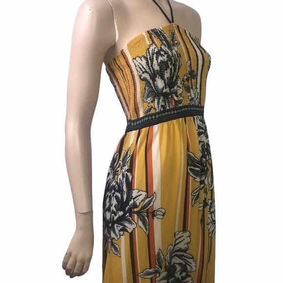 Jealous Tomato Yellow Floral Multicoloured Graphic Smocked Halter Maxi D… - Picture 6 of 16